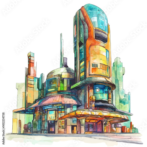 Futuristic City Market, watercolor vector, isolated on a white background.