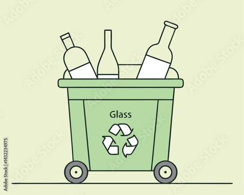 Green Glass Recycling Bin Illustration with Bottles
