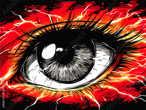 Striking Vector Illustration of Human Eye with Electric Lightning and Red Fiery Background – Abstract Vision and Energy Art