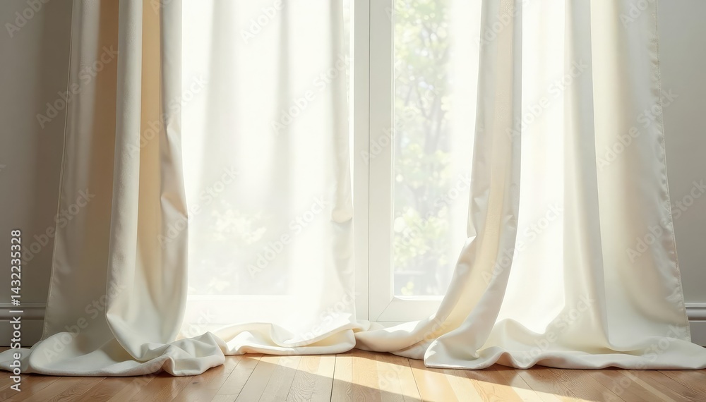 Subtle ivory linen curtains, flowing elegantly , simple, waves Subtle ivory linen curtains, flowing elegantly , simple, waves