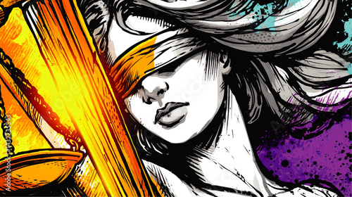 Striking Pop Art Illustration of Blindfolded Lady Justice Holding Scales, Vibrant Colors, Modern Legal Concept Artwork