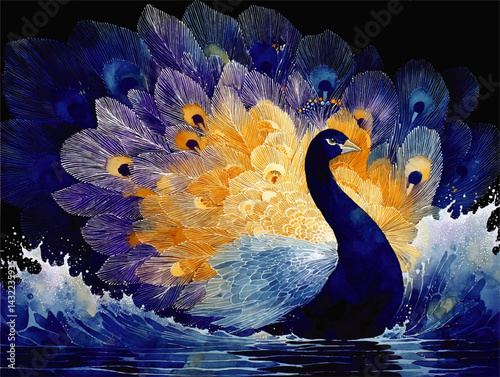 Majestic Blue and Gold Peacock with Vibrant Feathers – Elegant Watercolor Illustration on Black Background, Splashes and Waves