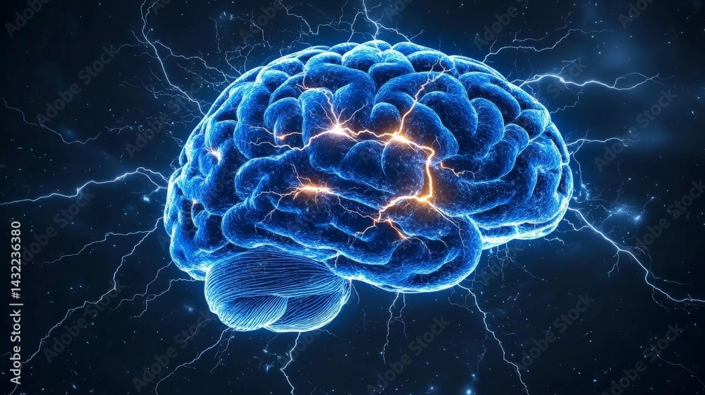 Brain with Electric Sparks, Signifying Neurological Activity and Thought Brain with Electric Sparks, Signifying Neurological Activity and Thought