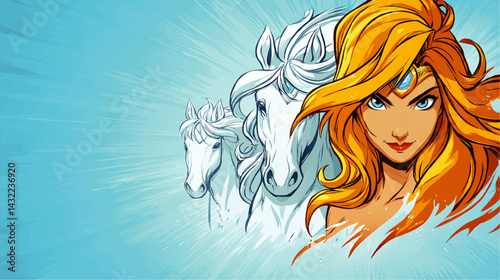 Powerful Fantasy Woman With Fiery Hair and White Horses Illustration – Heroic Comic Art on Vibrant Blue Background