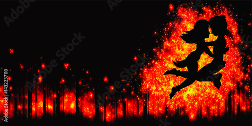 Romantic Couple Silhouette Embracing in Front of Fiery Abstract Background, Passionate Love and Heat, Vector Illustration
