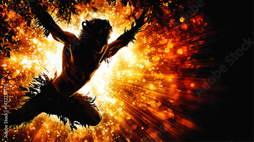 Dynamic Silhouette of Tribal Jungle Man Leaping Amidst Fiery Golden Light Rays and Abstract Forest Background Illustration