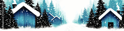 Winter Wonderland Landscape with Blue Wooden Cabins, Snow Covered Pine Trees and Falling Snowflakes, Holiday Background Illustration