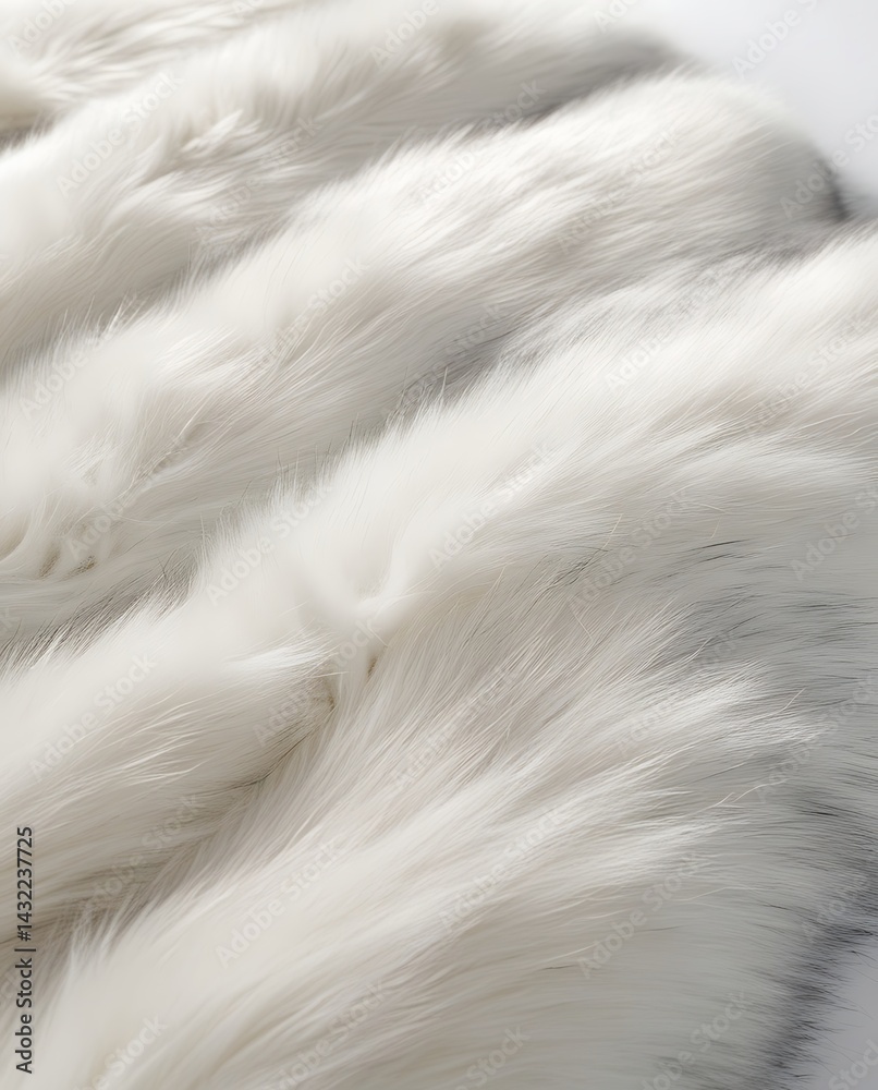 Close-up texture of luxurious soft white animal fur with subtle black stripes, creating a plush and elegant surface ideal for fashion design, home decor, or cozy winter background use

