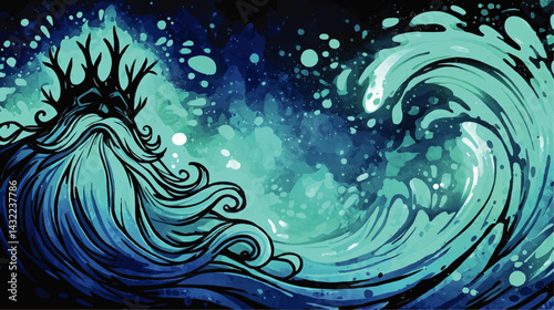 Majestic Poseidon Ocean God Illustration with Abstract Waves and Blue Watercolor Splash – Fantasy Sea King Art Background