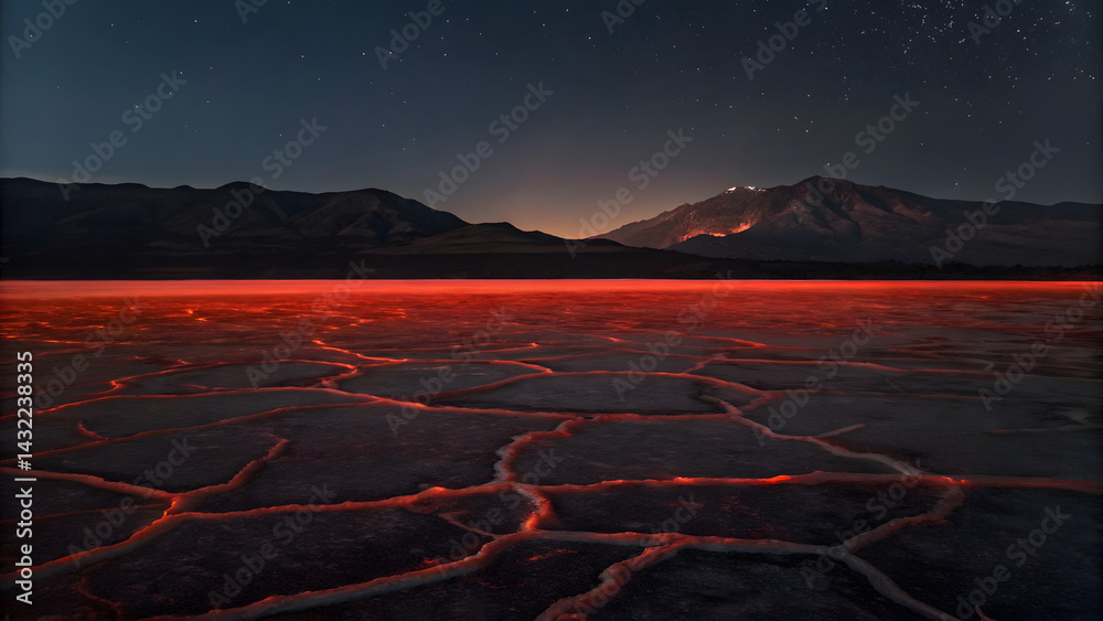 The vast lava lake surrounded cracked rocks