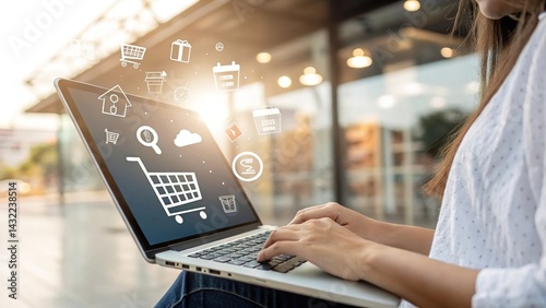A woman’s hand holds a laptop displaying online shopping icons, symbolizing digital retail, e-commerce, and the convenience of technology-driven shopping experiences.