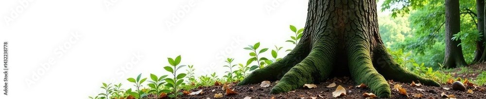 Fototapeta premium Tree trunk isolated on white background with forest floor and foliage in the distance, nature, tree trunk, forest