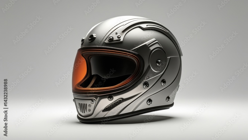 Fototapeta premium Futuristic Silver Motorcycle Helmet with Orange Visor - 3D Render