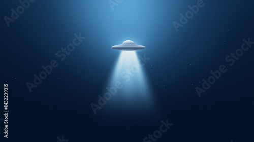 UFO hovering with light beam in dark space  