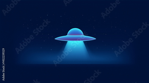Futuristic UFO emitting light in a starry blue space background  