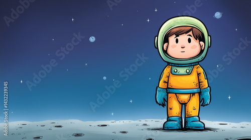 Cartoon boy astronaut exploring a moon landscape at night  