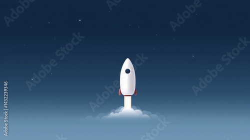 Rocket Launching into Space Against Starry Night Sky  