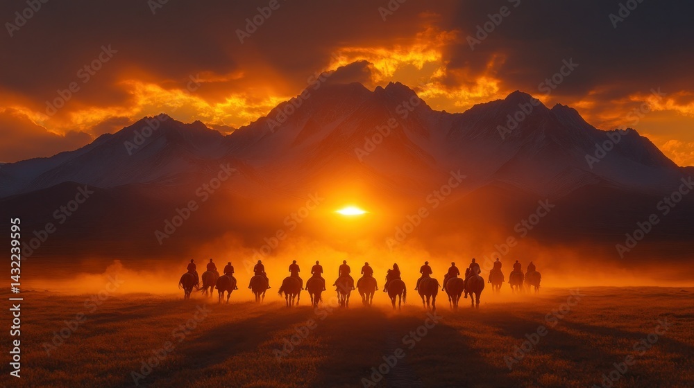 Fototapeta premium Sunset Riders Silhouette, Mountain Valley, Dust