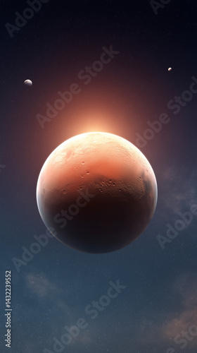 Planet Mars Rising in Space with Moons Against Starry Background  