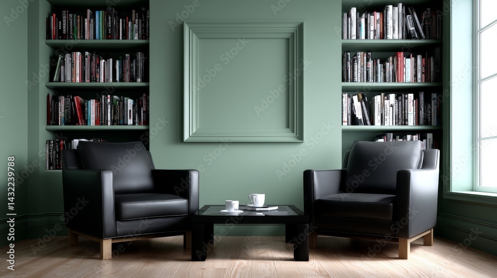 Fototapeta premium Elegant Home Library with Sage Green Walls and Black Leather Armchairs