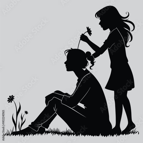 Child placing flower in mother’s hair image silhouette design vector art and illustration	