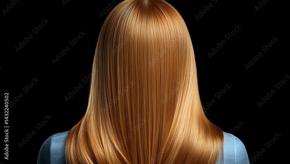 Fototapeta premium Back view of straight blonde hair on black background showing smooth, glossy texture and professional salon styling result for beauty and haircare advertising.
