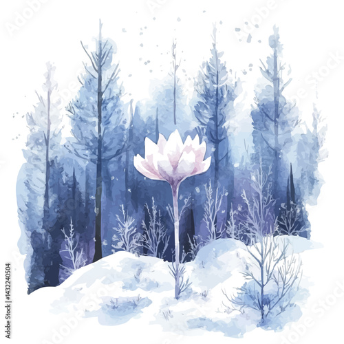 Frost Flower Blooming In A Frozen Forest, vector watercolor illustration, isolated on a white background.