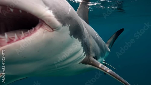 Gray scarred large shark swimming towards the camera in clear blue water background with sun light coming through the ocean surface