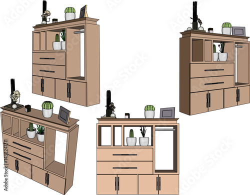 vector sketch illustration of furniture design wardrobe bookcase with modern minimalist interior decoration