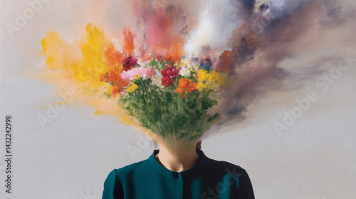 A surreal depiction of a person with a colorful floral explosion instead of a head, symbolizing creativity and connection to nature.