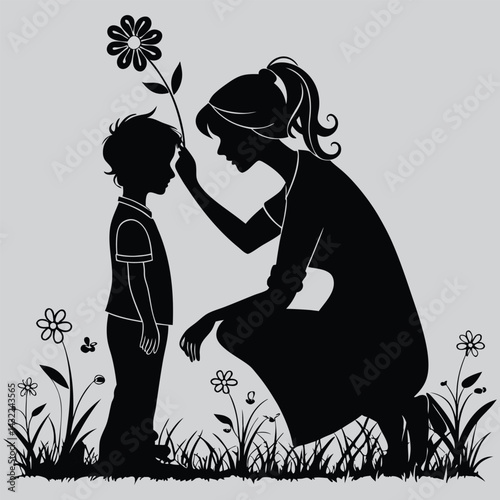 Child placing flower in mother’s hair image silhouette design vector art and illustration	