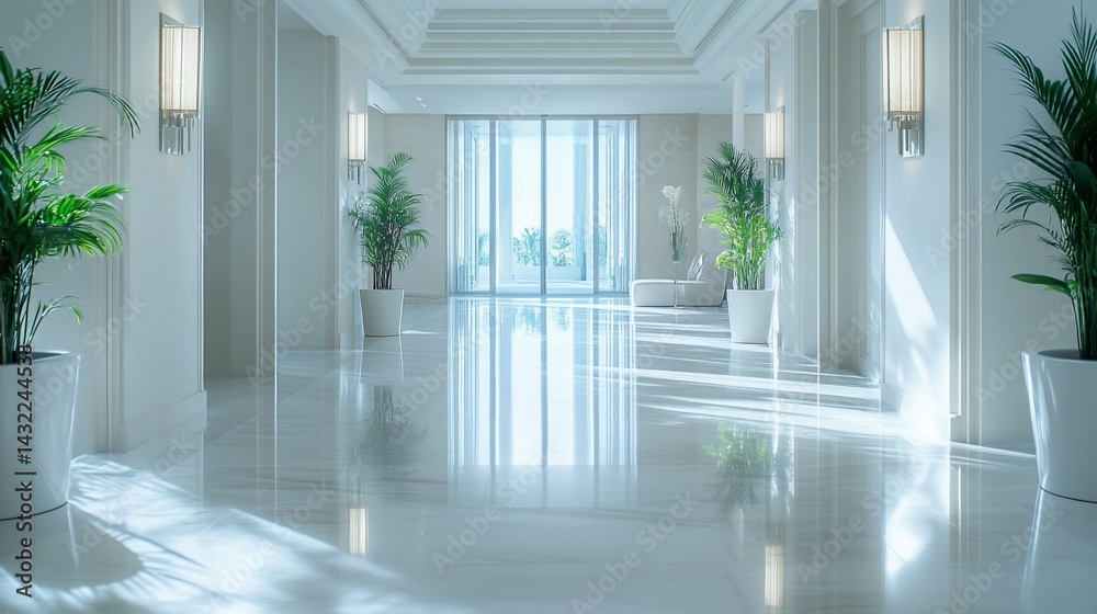 Fototapeta premium Elegant, bright hallway with large windows