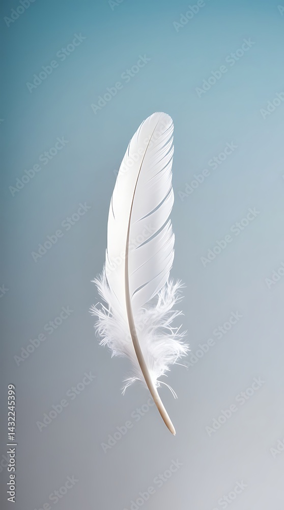 White feather floating gently in the air on a soft blue background, symbolizing peace, purity, and lightness in a minimalistic and serene visual concept
White feather floating gently in the air on a soft blue background, symbolizing peace, purity, and lightness in a minimalistic and serene visual concept