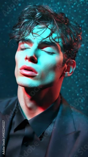 Close-up of a stylish man with closed eyes posing with cyan and red lighting effect wearing a dark suit and black shirt.