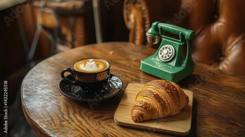Cappuccino and croissant on wooden table in cafe photo