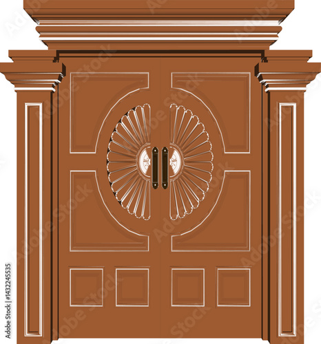 vector sketch illustration of a traditional ethnic vintage teak wood door design with Jepara carvings 