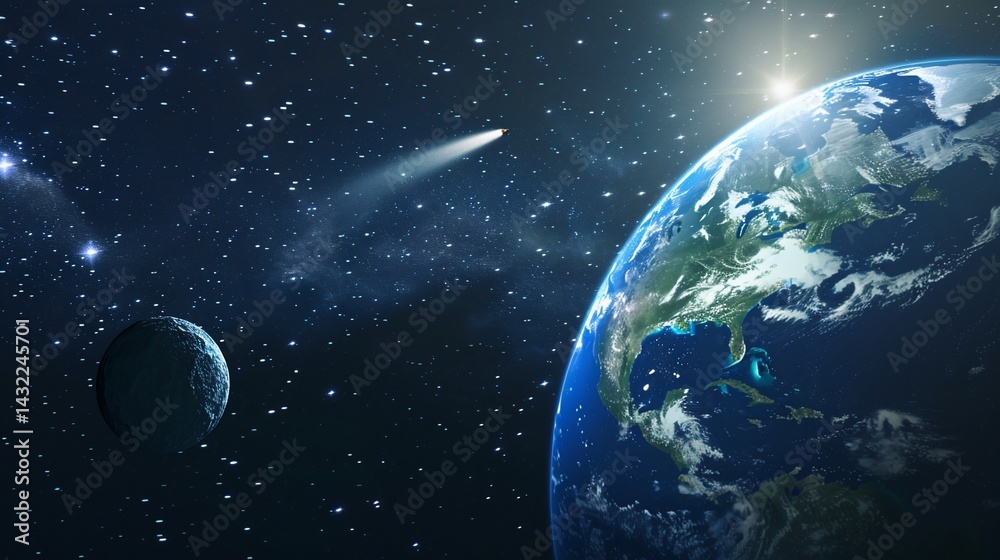 Naklejka premium Earth, comet, space, sun, planets, cosmos, background, galaxy, exploration, science