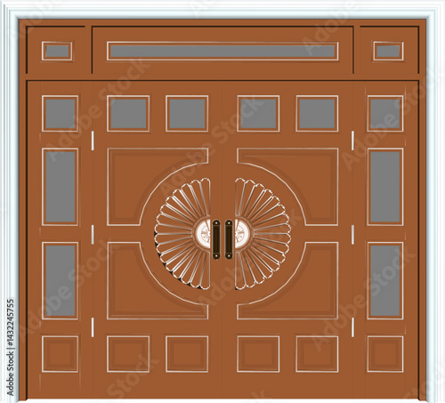 vector sketch illustration of a traditional ethnic vintage teak wood door design with Jepara carvings  