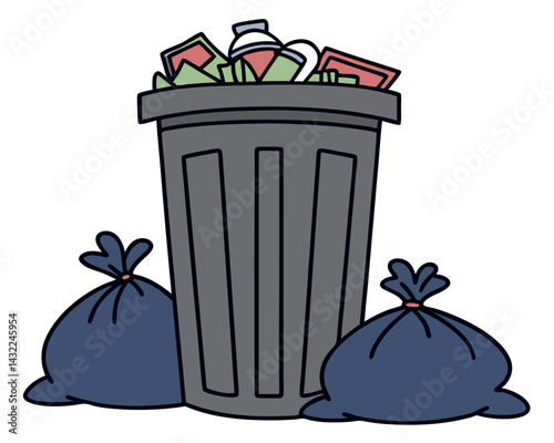 Overflowing Trash Can and Bags Illustration