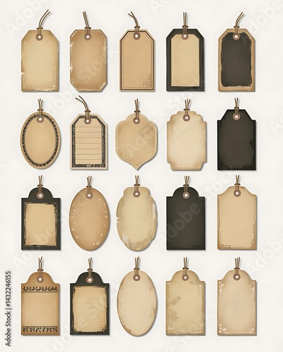 Collection of vintage paper tags in various shapes and colors with aged textures and strings, isolated on light background, ideal for scrapbooking, labeling, or retro-themed designs


