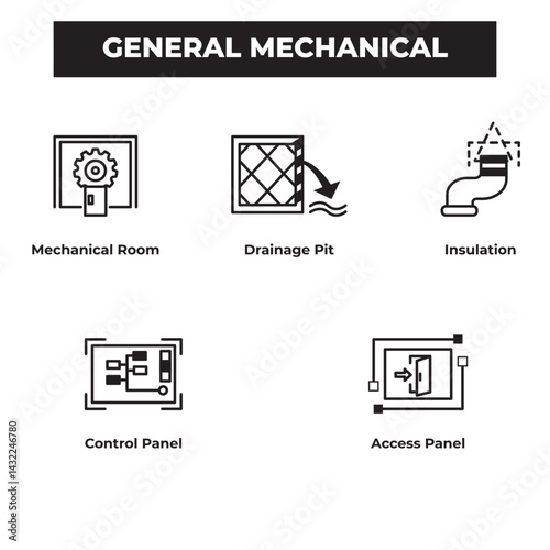 Clean general mechanical icons set for engineering, construction plans, and MEP design—ideal for diagrams, blueprints, and technical illustration use.