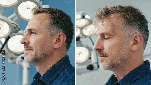 Profile of a mature man before and after cosmetic surgery under operating room lights showing positive surgical results