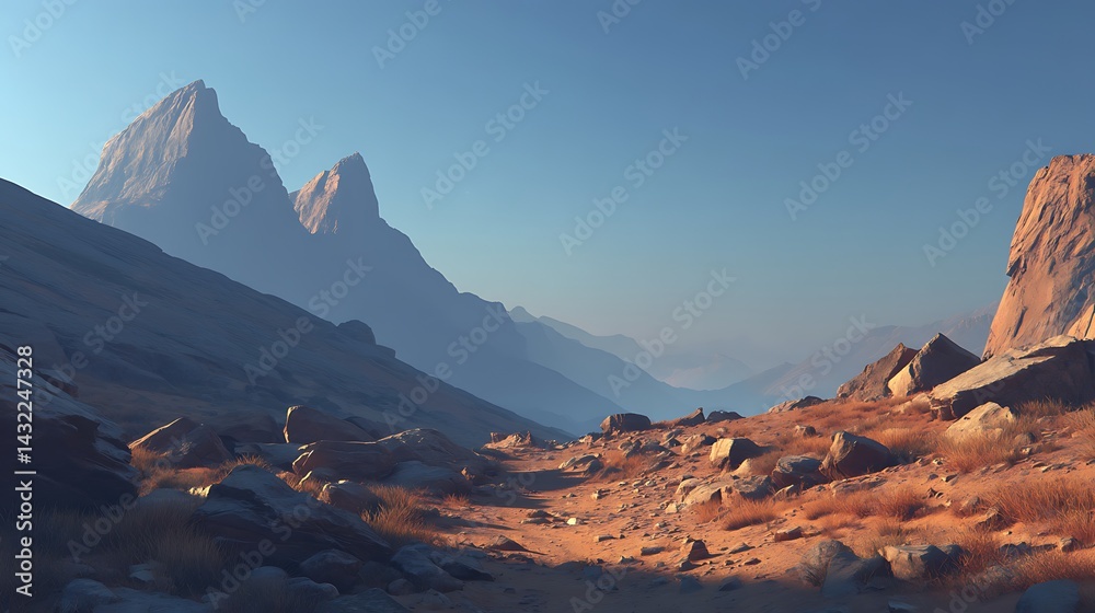 Naklejka premium A serene landscape featuring mountains and a winding path under a clear sky.