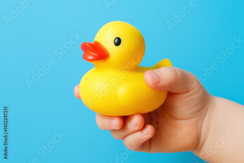 Child holding yellow rubber duck against blue background