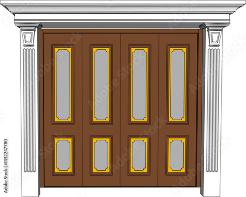 vector sketch illustration of a traditional ethnic vintage teak wood door design with Jepara carvings  