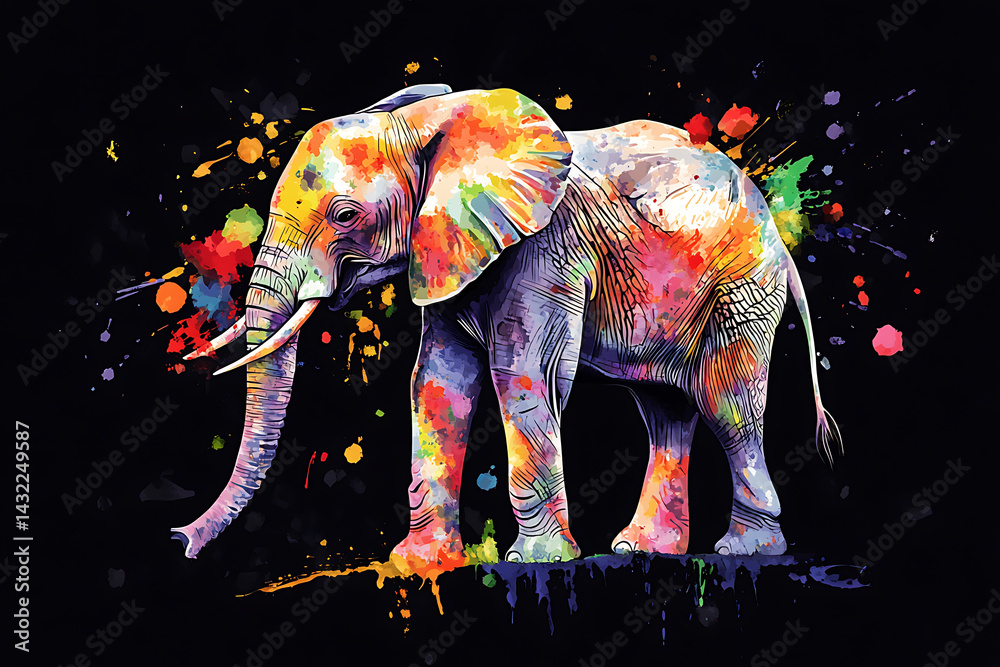 Obraz premium Colorful elephant standing against a dark background, showcasing vibrant splashes of paint art