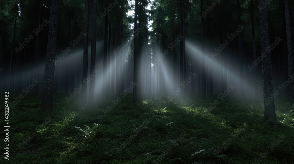 Obraz premium Sunlight streams through misty forest