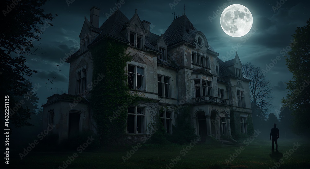 An old, dilapidated manor at night, with broken windows and ivy creeping up the sides. The full moon casts long, eerie shadows on the walls as a silhouette moves past