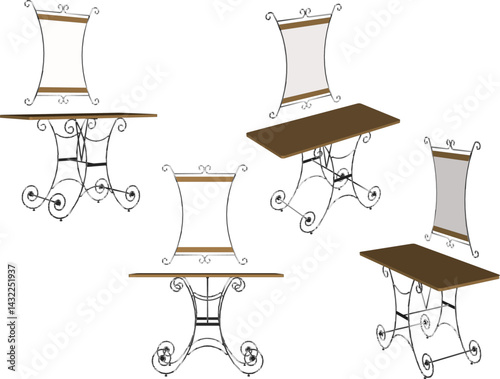 vector sketch illustration of old classic vintage ethnic dressing table furniture design with decorative mirror for dressing up