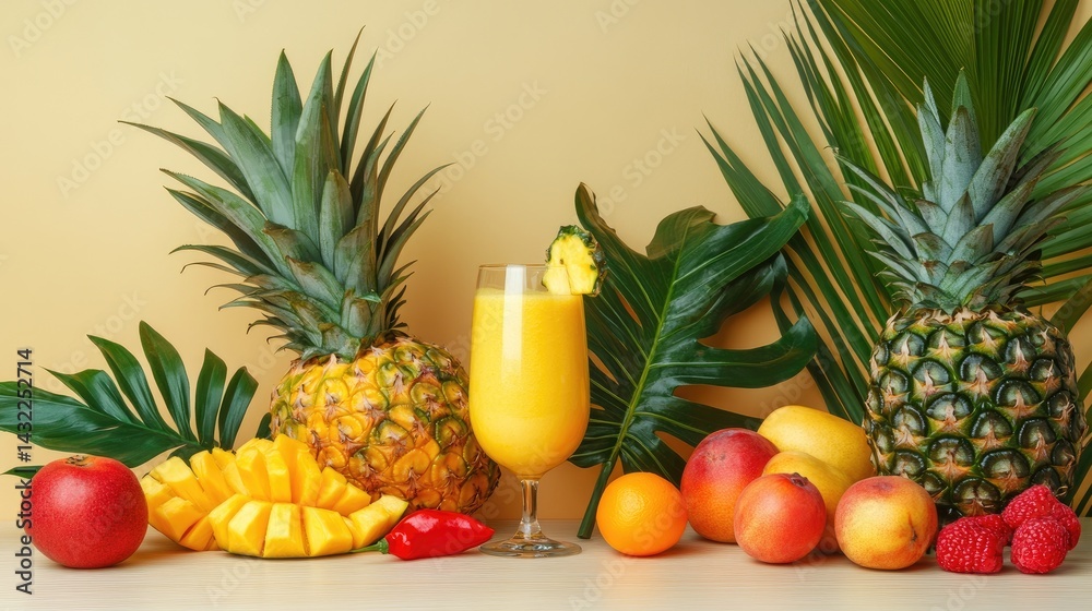 Mango smoothie in a clear glass with a tropical fruit display on a light wooden table Mango smoothie in a clear glass with a tropical fruit display on a light wooden table